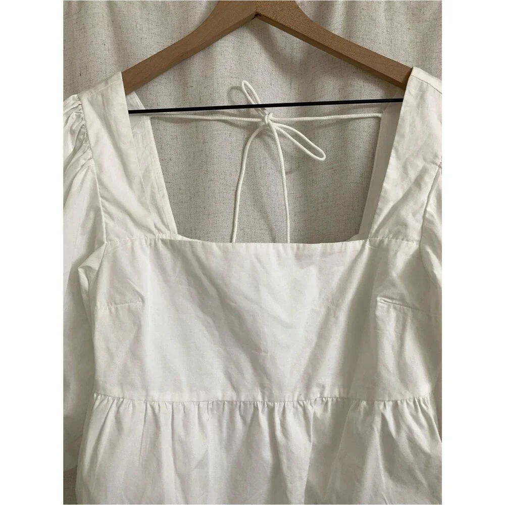 Abercrombie & Fitch Cotton Square-Neck Peplum Poplin Puff Sleeve Top White Med